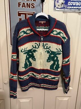 Bailey Rose Hand-Knit Moose Zip Cardigan Sweater - Blue, Cream & Green